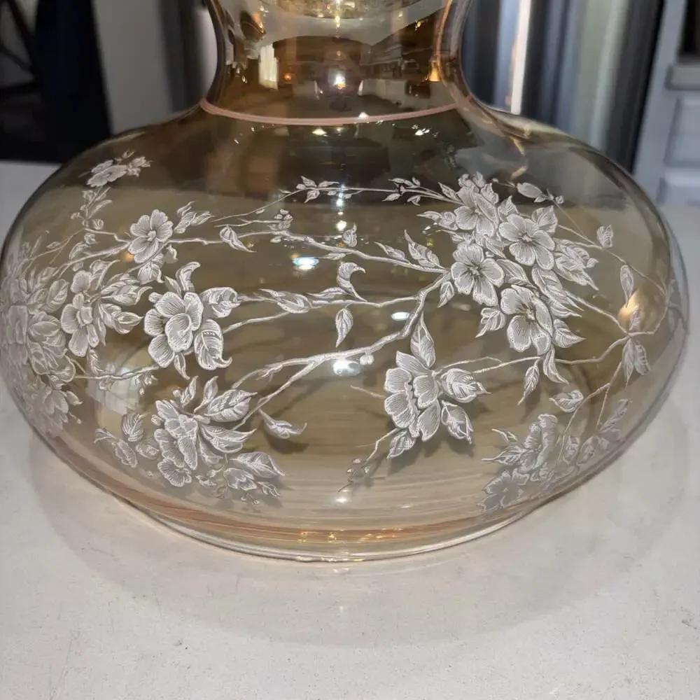 Vintage Hurricane Ruffled Iridescent Amber Glass Shade White Floral 9.5” Fitter